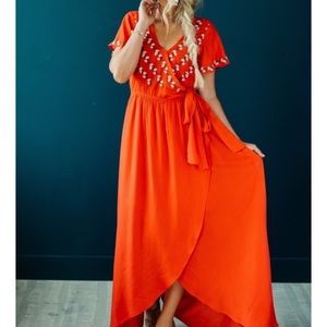 Red flower faux wrap dress